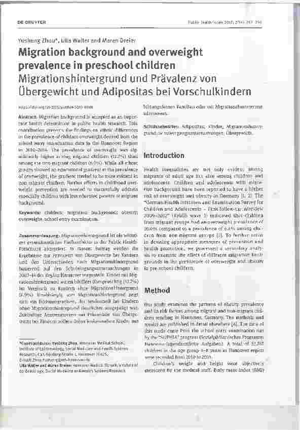 Vorschauseite 1: Migrationshintergrund und Prävalenz von Übergewicht und Adipositas bei Vorschulkindern