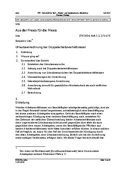 Vorschauseite 1: Aus der Praxis für die Praxis: Urlaubsanrechnung bei Doppelarbeitsverhältnissen