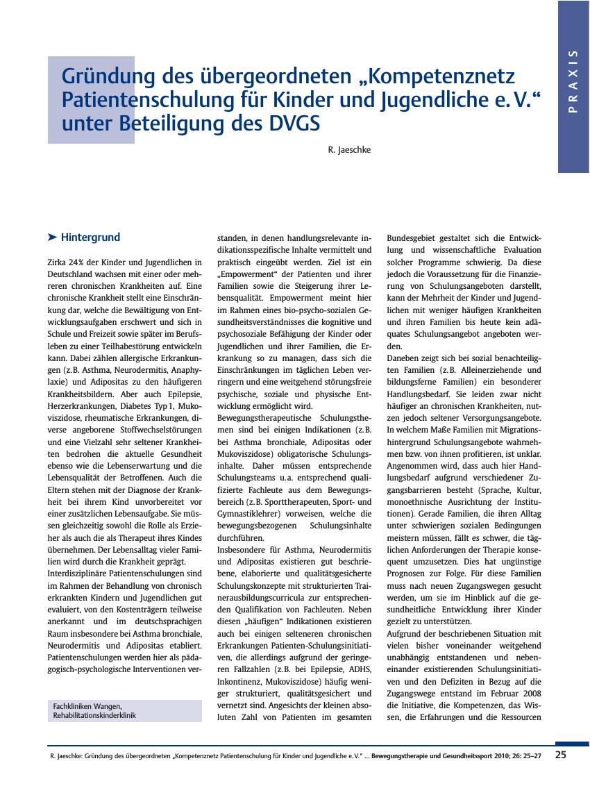 Vorschauseite 1: Gründung des übergeordneten „Kompetenznetz Patientenschulung für Kinder und Jugendliche e. V.“ unter Beteiligung des DVGS