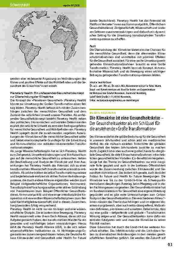 Vorschauseite 2: Planetary Health: Ein umfassendes Gesundheitskonzept zur Überwindung der Klimakrise