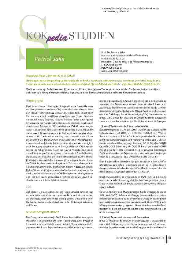 Vorschauseite 1: Titelübersetzung: Definition von Kriterien zur Unterstützung von Tumorpatienten bei der Suche nach einem seriösen Anbieter von Komplementärmedizin: Ergebnisse einer Literaturreche…