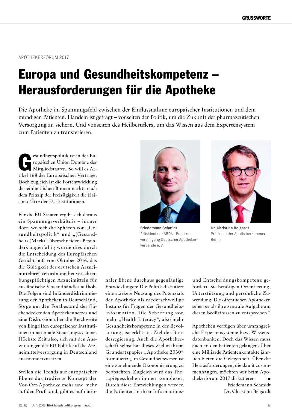Vorschauseite 1: Apothekerforum 2017: Europa und Gesundheitskompetenz – Herausforderungen für die Apotheke