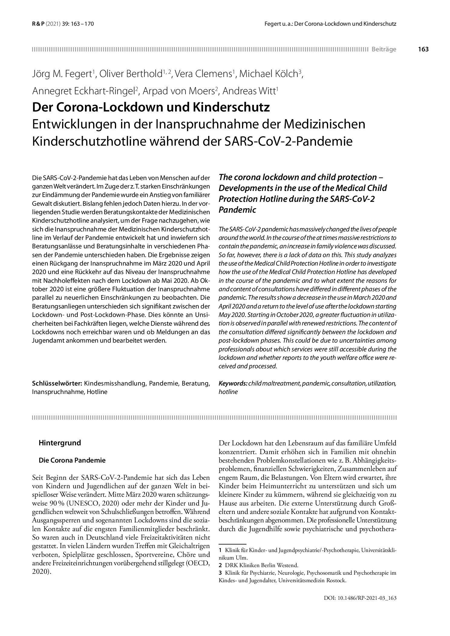Vorschauseite 1: Der Corona-Lockdown und Kinderschutz. Entwicklungen in der Inanspruchnahme der medizinischen Kinderschutzhotline während der SARS-CoV-2-Pandemie