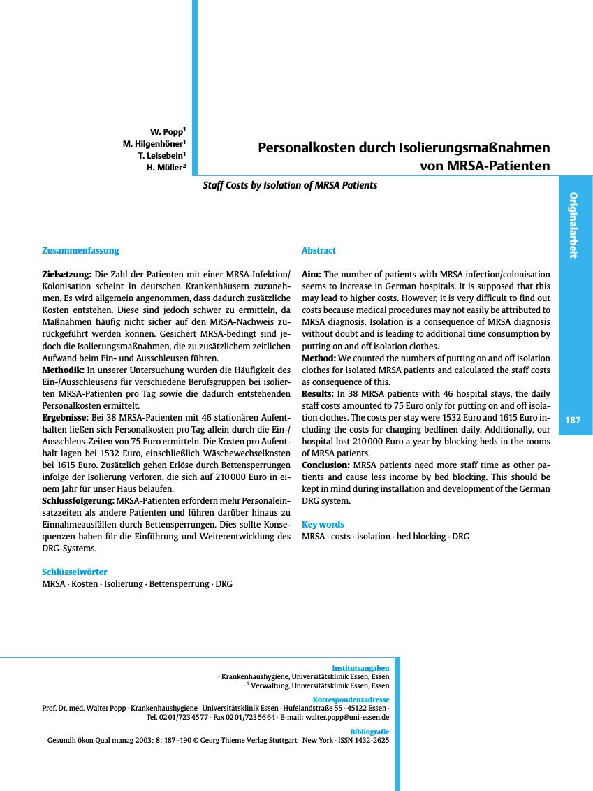 Vorschauseite 1: Personalkosten durch Isolierungsmaßnahmen von MRSA-Patienten
