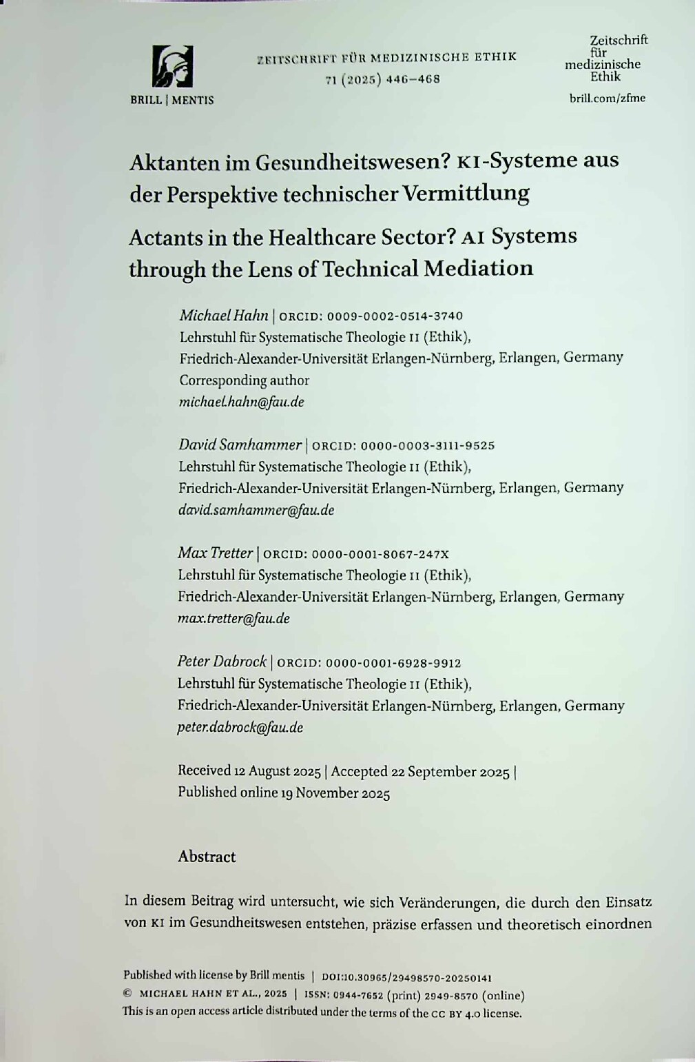 Vorschauseite 1: Aktanten im Gesundheitswesen? KI-Systeme aus der Perspektive technischer Vermittlung