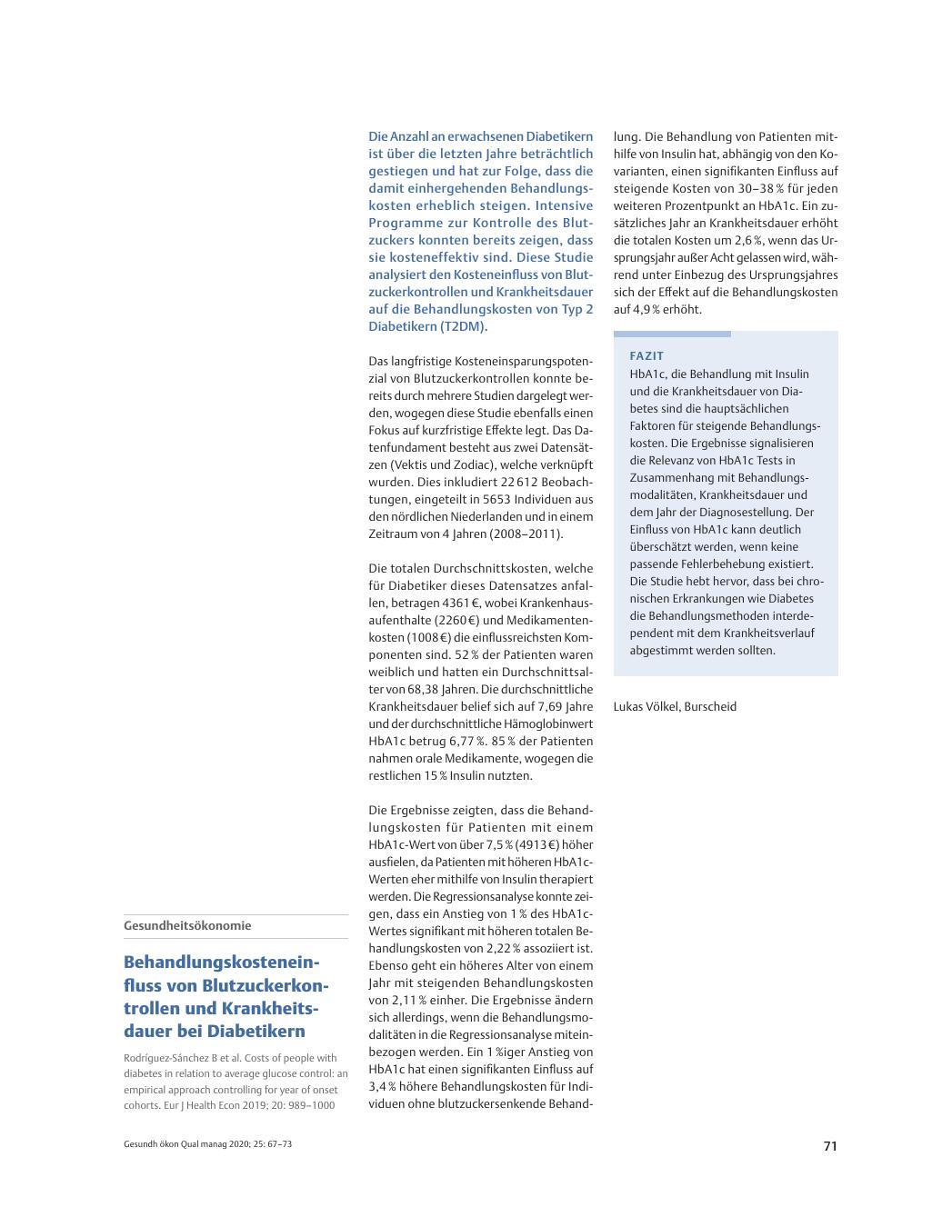 Vorschauseite 1: Gesundheitsökonomie – Behandlungskosteneinfluss von Blutzuckerkontrollen und Krankheitsdauer bei Diabetikern