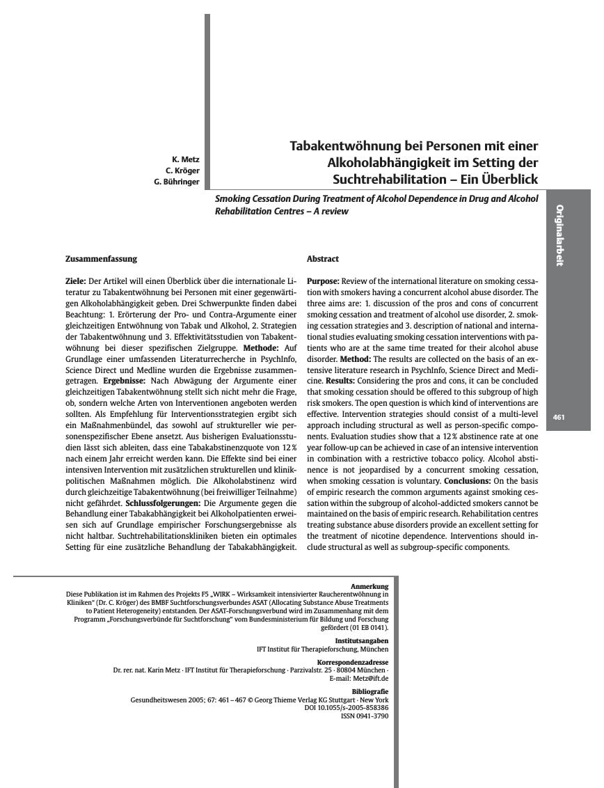 Vorschauseite 1: Tabakentwöhnung bei Personen mit einer Alkoholabhängigkeit im Setting der Suchtrehabilitation - Ein Überblick