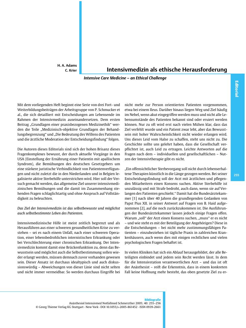 Vorschauseite 1: Intensivmedizin als ethische Herausforderung