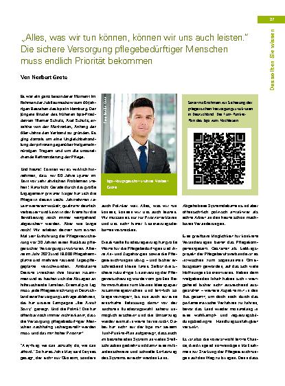 Vorschauseite 1: „Alles, was wir tun können, können wir uns auch leisten.“ Die sichere Versorgung pflegebedürftiger Menschen muss endlich Priorität bekommen.