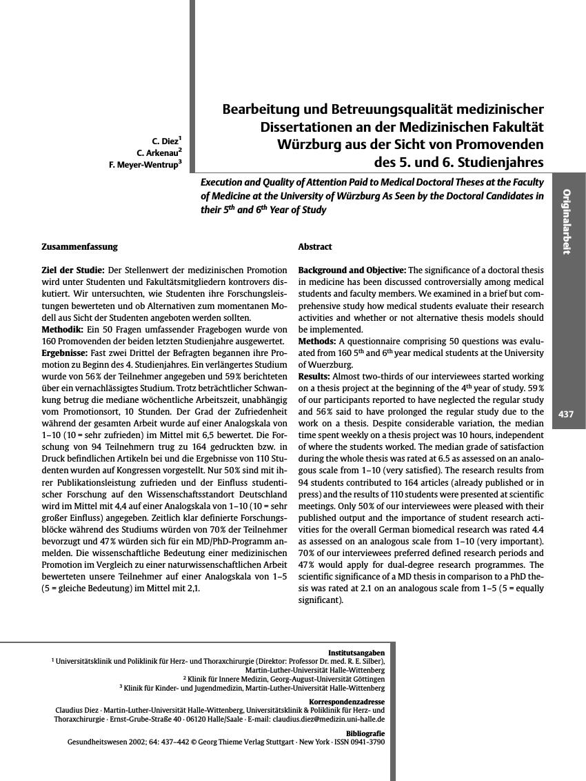 Vorschauseite 1: Bearbeitung und Betreuungsqualität medizinischer Dissertationen an der Medizinischen Fakultät Würzburg aus der Sicht von Promovenden des 5. und 6. Studienjahres
