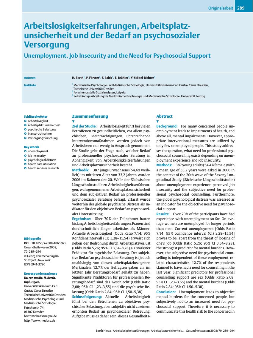 Vorschauseite 1: Arbeitslosigkeitserfahrungen, Arbeitsplatzunsicherheit und der Bedarf an psychosozialer Versorgung