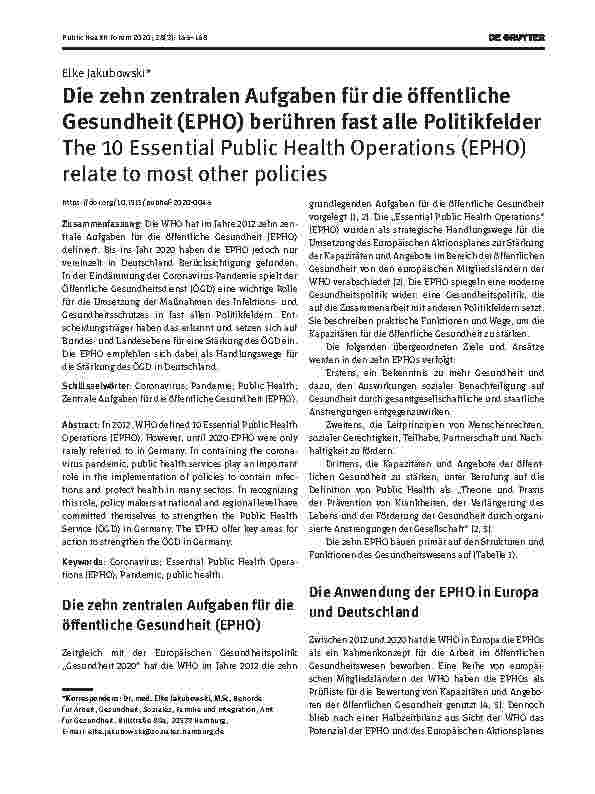 Vorschauseite 1: Die zehn zentralen Aufgaben für die öffentliche Gesundheit (EPHO) berühren fast alle Politikfelder.