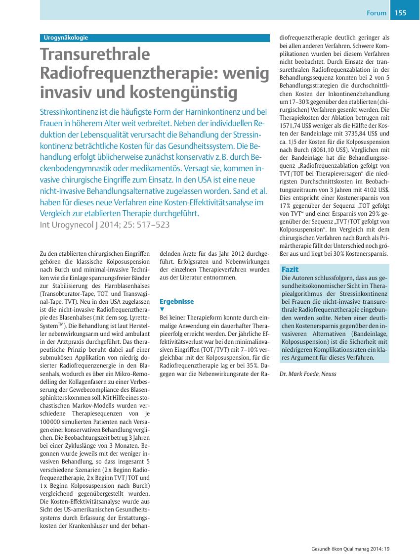 Vorschauseite 1: Urogynäkologie ? Transurethrale Radiofrequenztherapie: wenig invasiv und kostengünstig