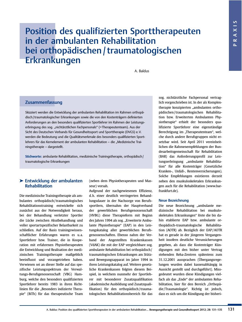 Vorschauseite 1: Position des qualifizierten Sporttherapeuten in der ambulanten Rehabilitation bei orthopädischen / traumatologischen Erkrankungen