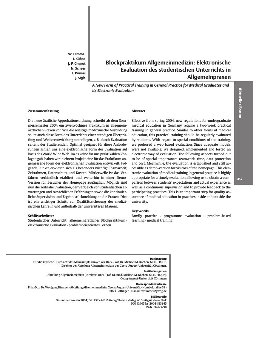 Vorschauseite 1: Blockpraktikum Allgemeinmedizin: Elektronische Evaluation des studentischen Unterrichts in Allgemeinpraxen