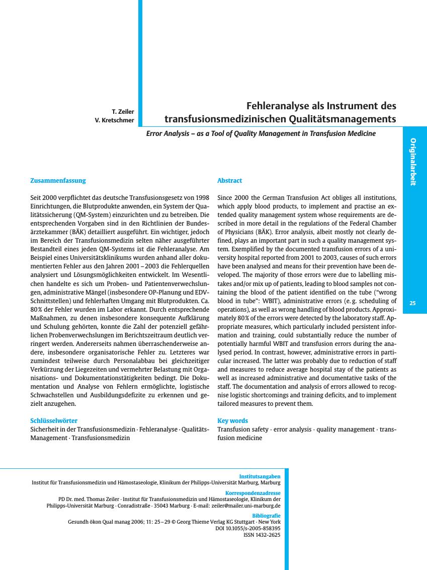 Vorschauseite 1: Fehleranalyse als Instrument des transfusionsmedizinischen Qualitätsmanagements