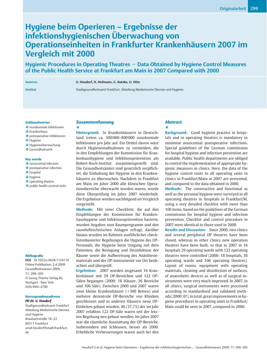 Vorschauseite 1: Hygiene beim Operieren – Ergebnisse der infektionshygienischen Überwachung von Operationseinheiten in Frankfurter Krankenhäusern 2007 im Vergleich mit 2000