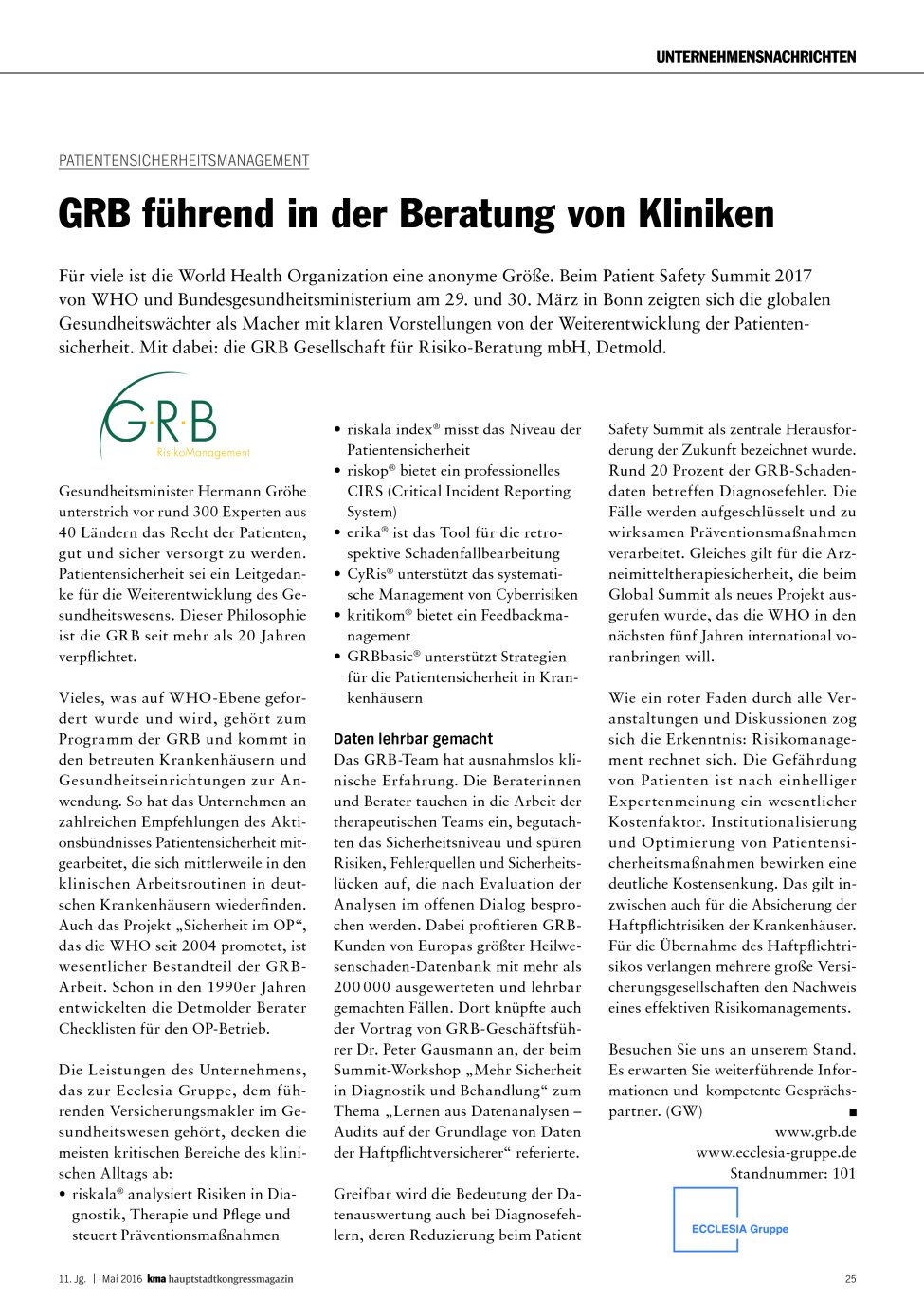 Vorschauseite 1: Patientensicherheitsmanagement: GRB führend in der Beratung von Kliniken