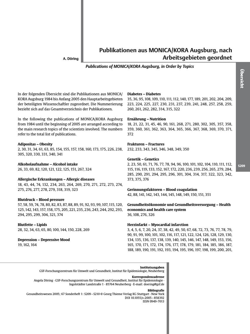 Vorschauseite 1: Publikationen aus MONICA/KORA Augsburg, nach Arbeitsgebieten geordnet