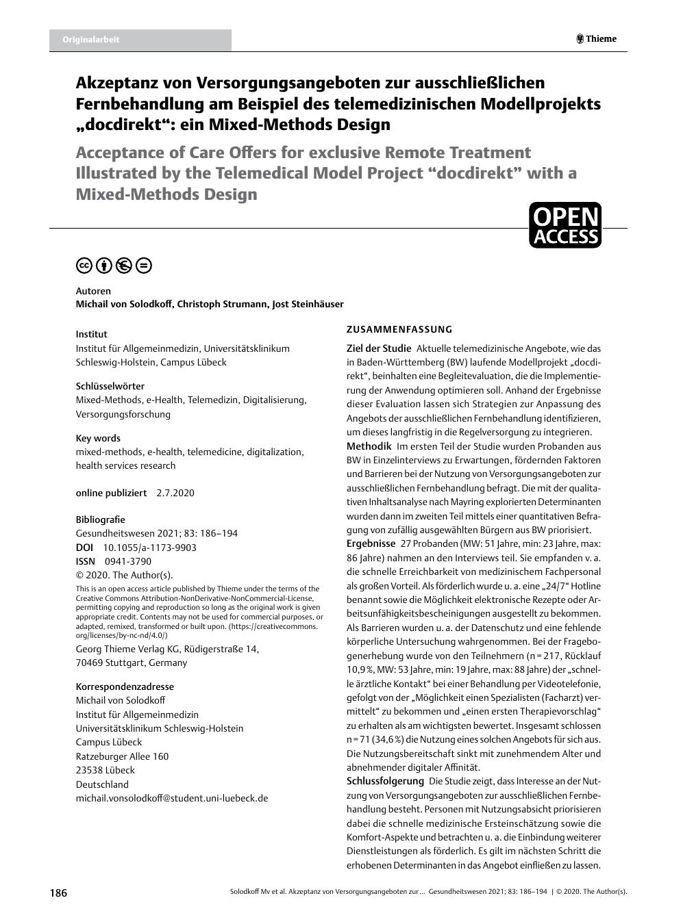 Vorschauseite 1: Akzeptanz von Versorgungsangeboten zur ausschließlichen Fernbehandlung am Beispiel des telemedizinischen Modellprojekts „docdirekt“: ein Mixed-Methods Design