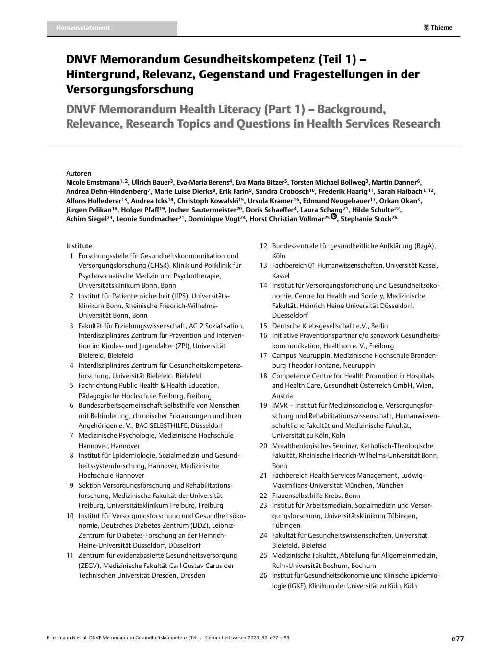 Vorschauseite 1: DNVF Memorandum Gesundheitskompetenz (Teil 1) – Hintergrund, Relevanz, Gegenstand und Fragestellungen in der Versorgungsforschung