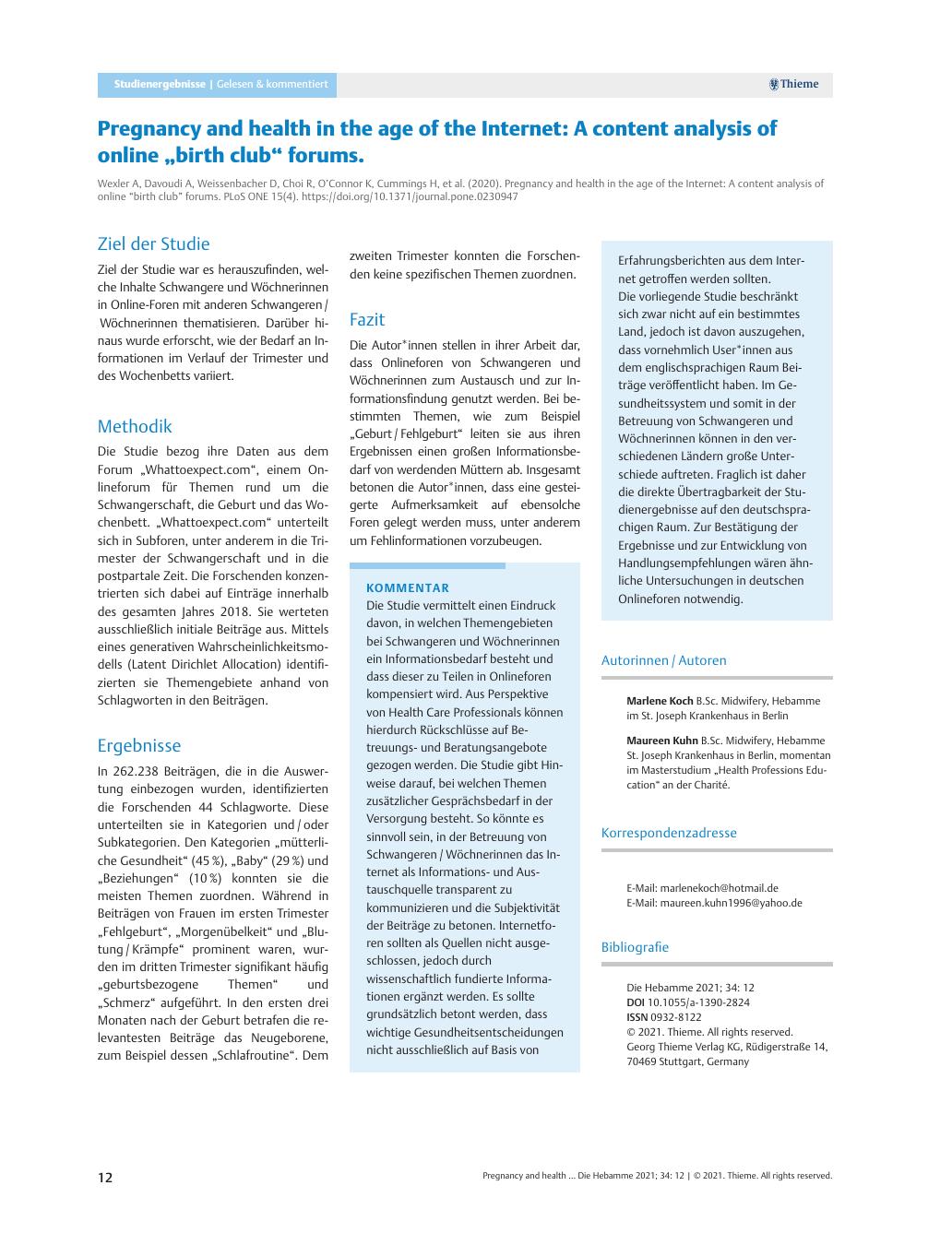 Vorschauseite 1: Pregnancy and health in the age of the Internet: A content analysis of online „birth club“ forums.