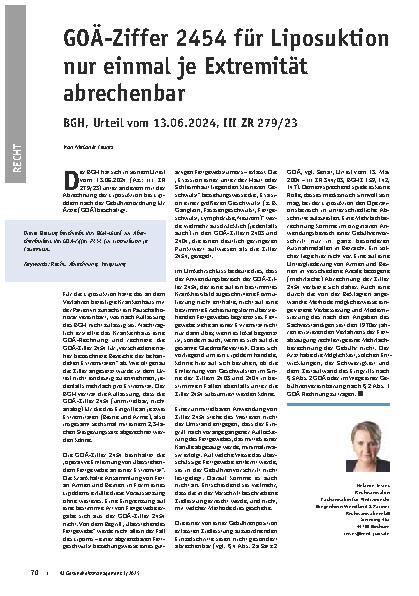 Vorschauseite 1: GOÄ-Ziffer 2454 für Liposuktion nur einmal je Extremität abrechenbar
