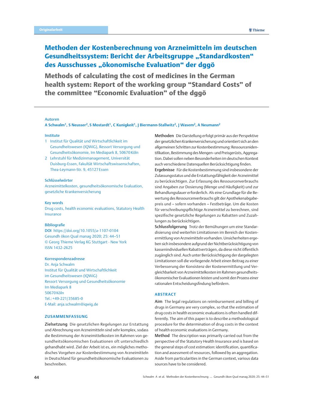 Vorschauseite 1: Methoden der Kostenberechnung von Arzneimitteln im deutschen Gesundheitssystem: Bericht der Arbeitsgruppe „Standardkosten“ des Ausschusses „ökonomische Evaluation“ der dggö