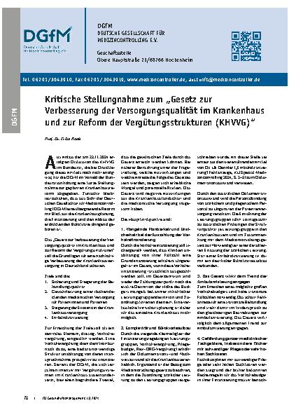 Vorschauseite 1: Kritische Stellungnahme zum „Gesetz zur Verbesserung der Versorgungsqualität im Krankenhaus und zur Reform der Vergütungsstrukturen (KHGVG)“