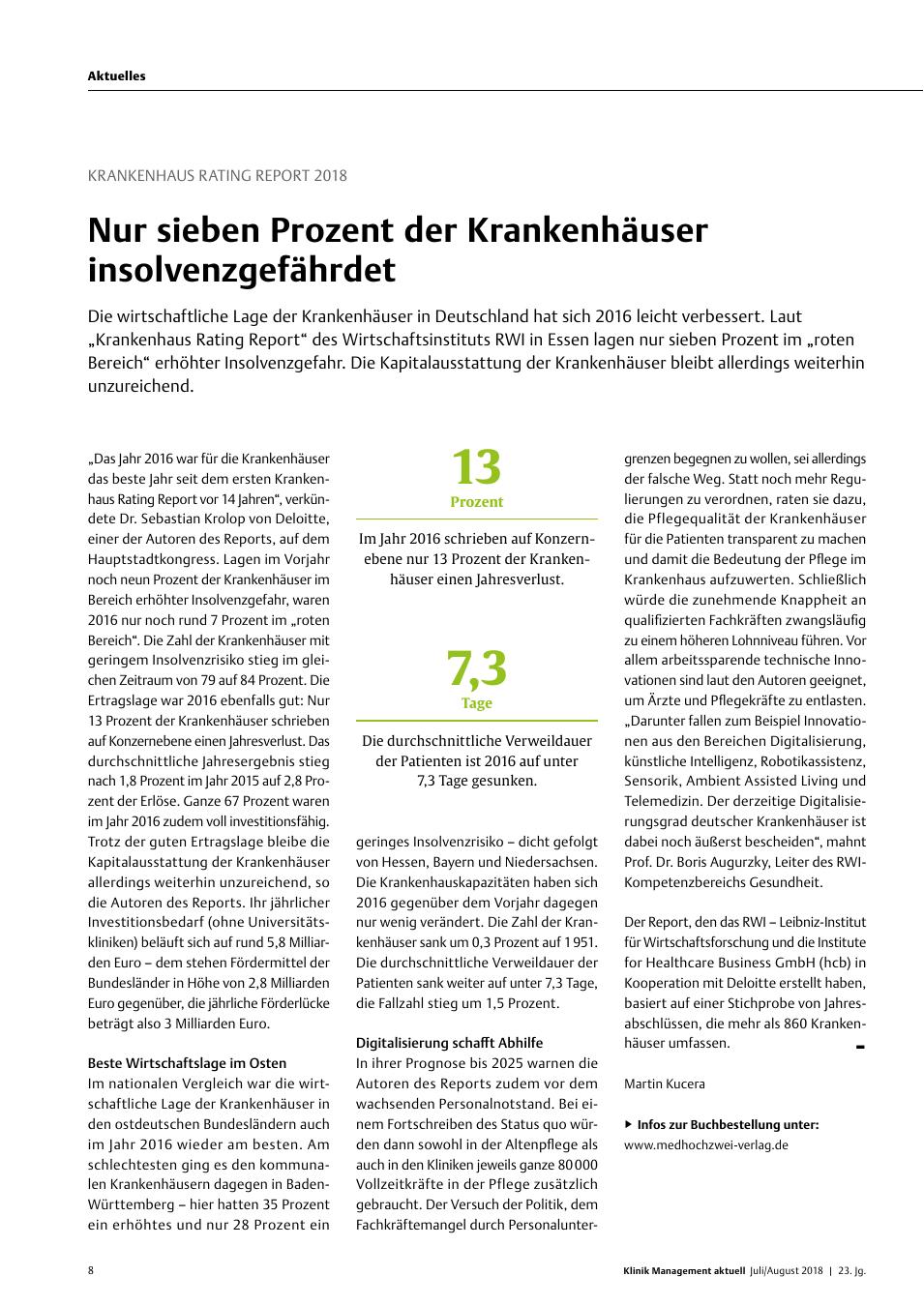 Vorschauseite 1: Krankenhaus Rating Report 2018: Nur sieben Prozent der Krankenhäuser insolvenzgefährdet