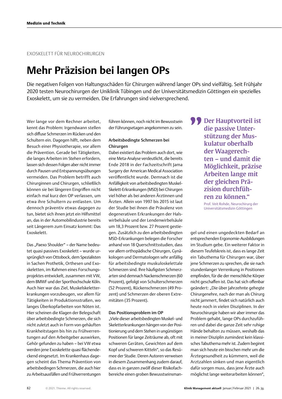 Vorschauseite 1: Exoskelett für Neurochirurgen: Mehr Präzision bei langen OPs