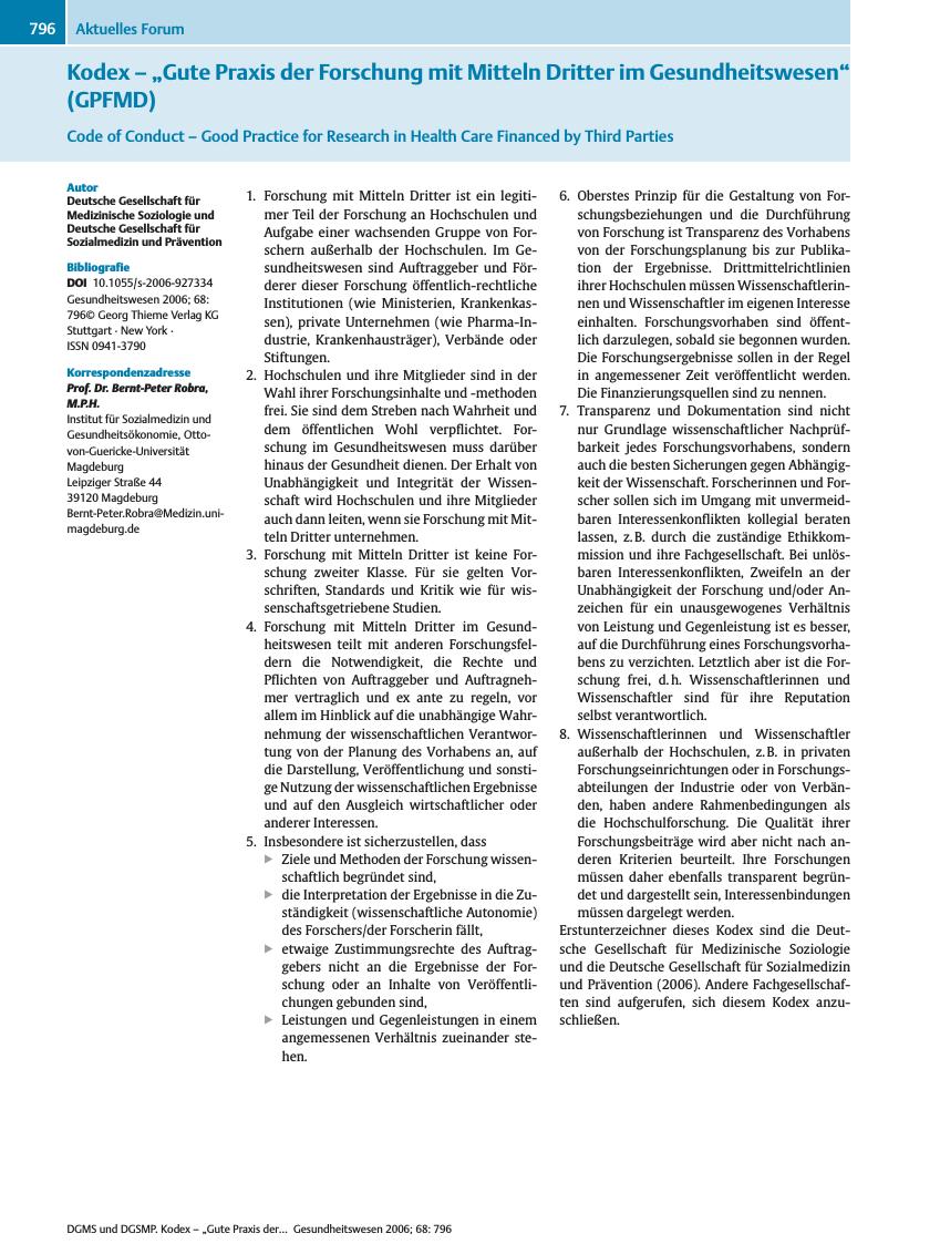 Vorschauseite 1: Kodex - ?Gute Praxis der Forschung mit Mitteln Dritter im Gesundheitswesen? (GPFMD)
