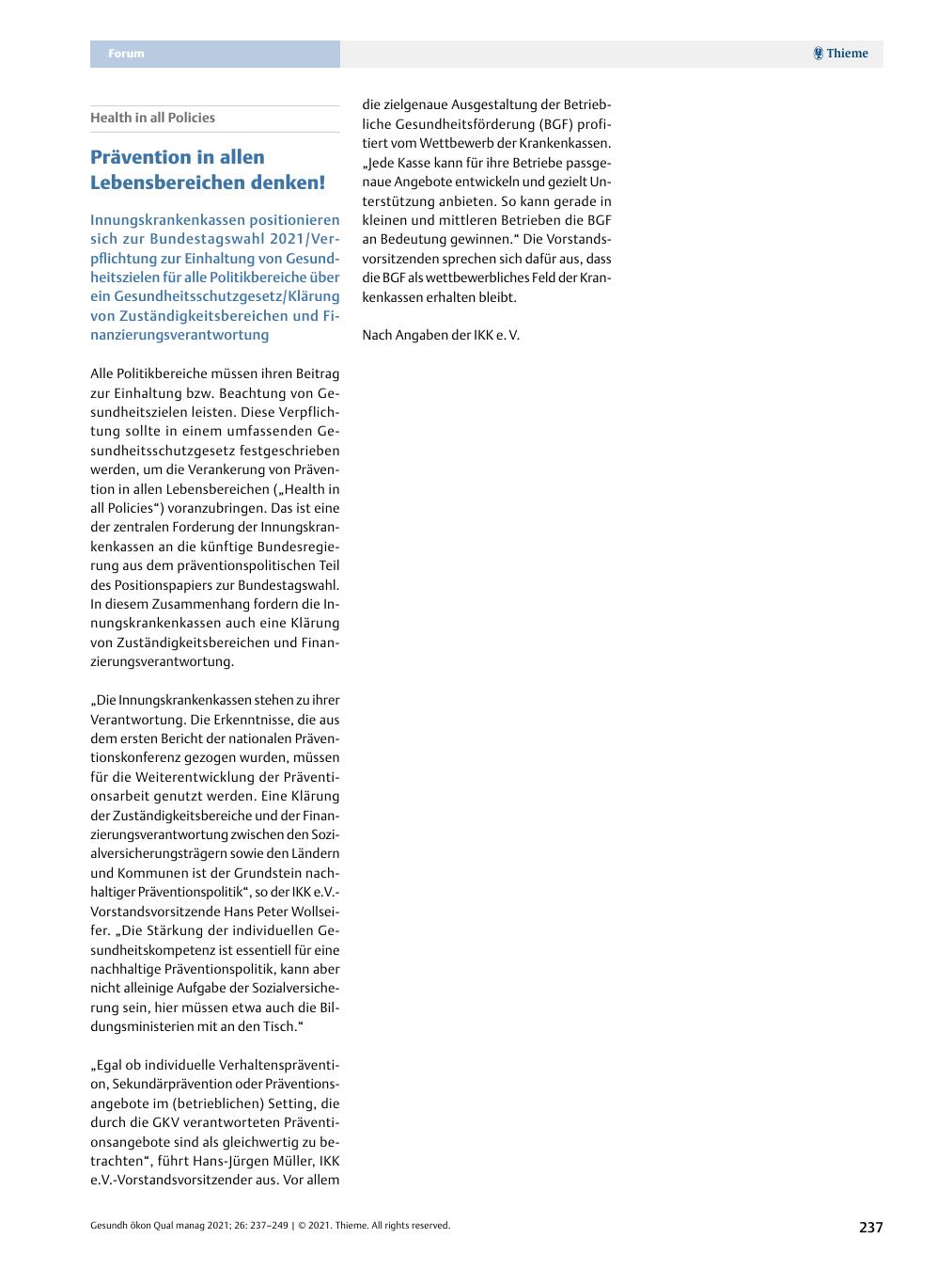 Vorschauseite 1: Health in all Policies – Prävention in allen Lebensbereichen denken!