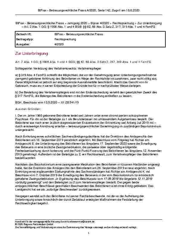 Vorschauseite 1: Zur Unterbringung Art. 2 Abs. 1 GG; § 1906 Abs. 1 und 4 BGB; §§ 62, 68 Abs. 3 Satz 2, 317, 319 Abs. 1 und 4 FamFG