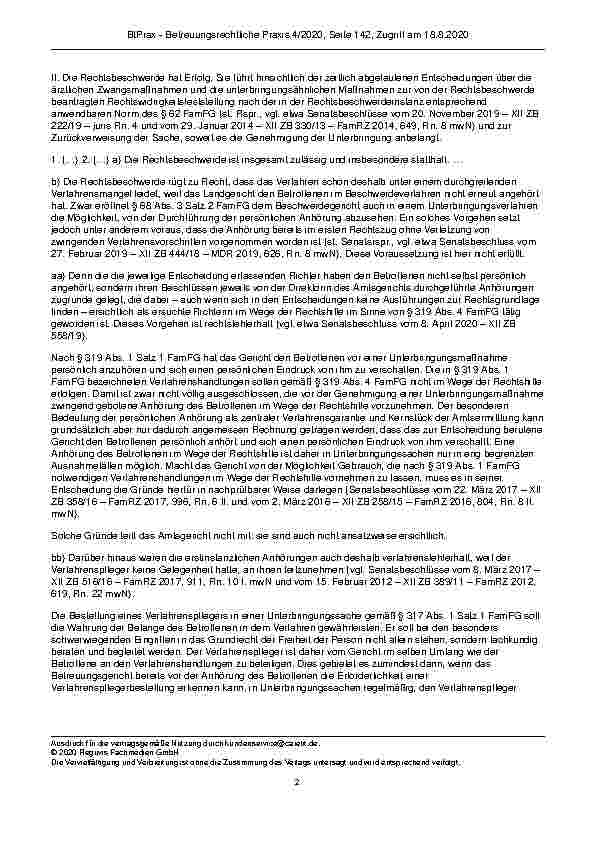 Vorschauseite 2: Zur Unterbringung Art. 2 Abs. 1 GG; § 1906 Abs. 1 und 4 BGB; §§ 62, 68 Abs. 3 Satz 2, 317, 319 Abs. 1 und 4 FamFG