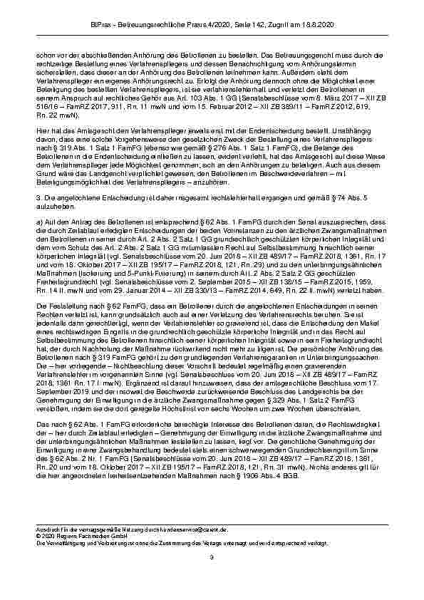Vorschauseite 3: Zur Unterbringung Art. 2 Abs. 1 GG; § 1906 Abs. 1 und 4 BGB; §§ 62, 68 Abs. 3 Satz 2, 317, 319 Abs. 1 und 4 FamFG