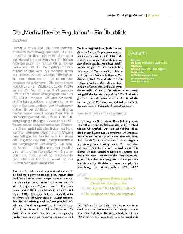 Vorschauseite 1: Die „Medical Device Regulation“ – Ein Überblick