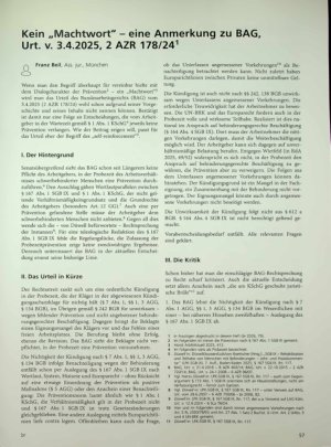 Vorschauseite 1: Kein „Machtwort" - eine Anmerkung zu BAG, Urt. v. 3. 4. 2025, 2 AZR 178/241