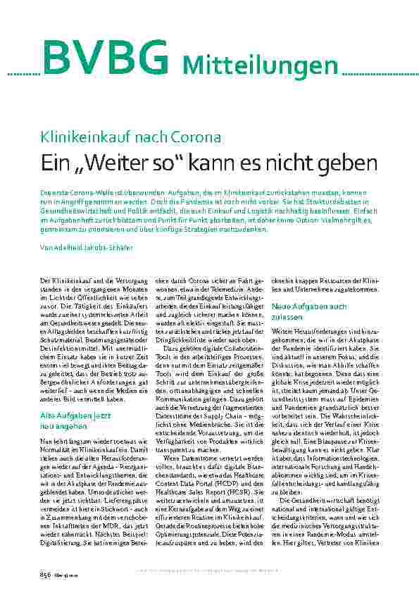 Vorschauseite 1: Klinikeinkauf nach Corona: Ein „Weiter so“ kann es nicht geben.