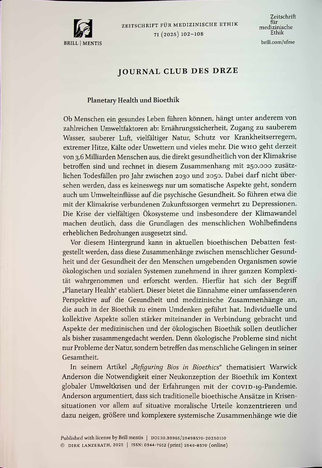 Vorschauseite 1: Planetary Health und Bioethik