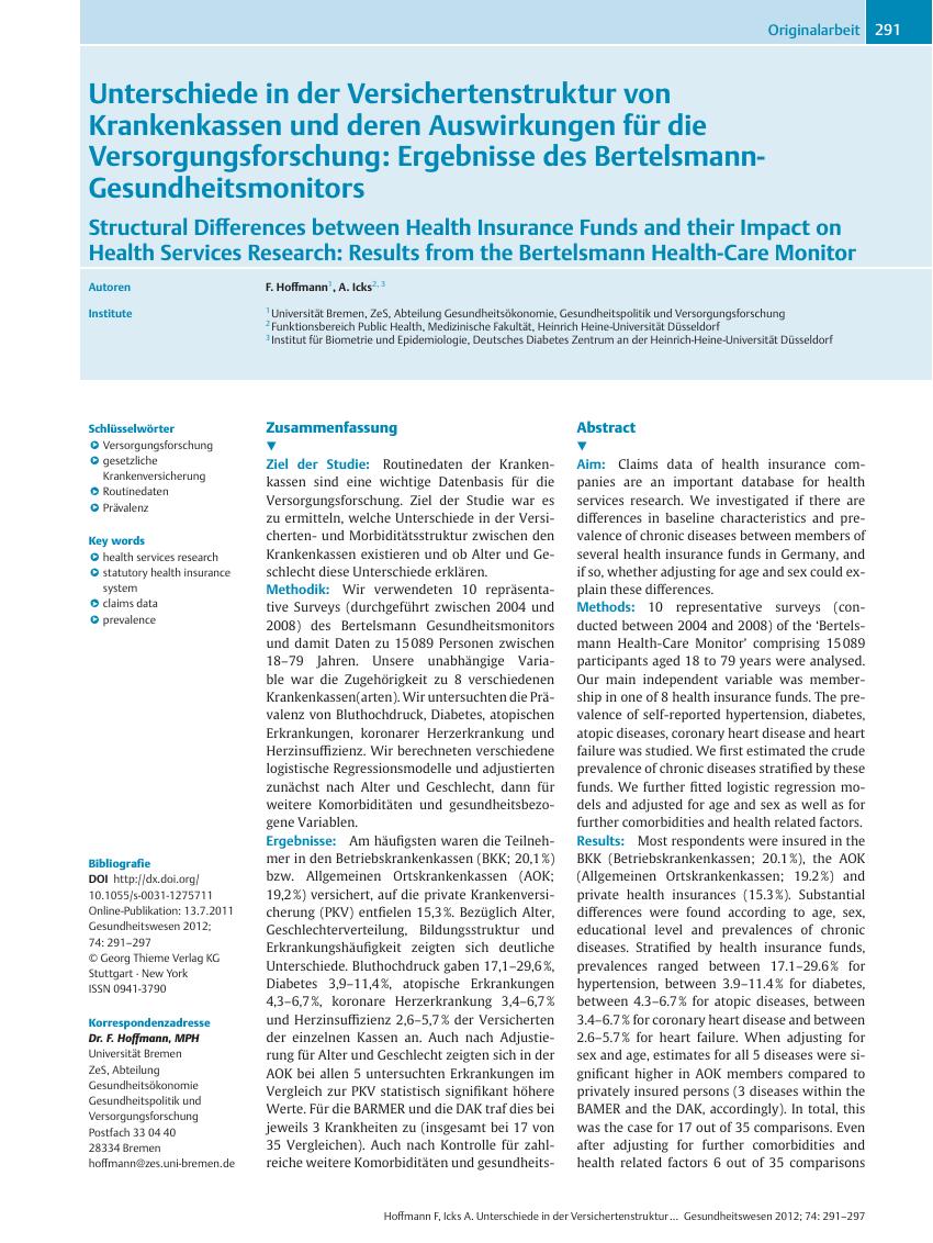 Vorschauseite 1: Unterschiede in der Versichertenstruktur von Krankenkassen und deren Auswirkungen für die Versorgungsforschung: Ergebnisse des Bertelsmann-Gesundheitsmonitors