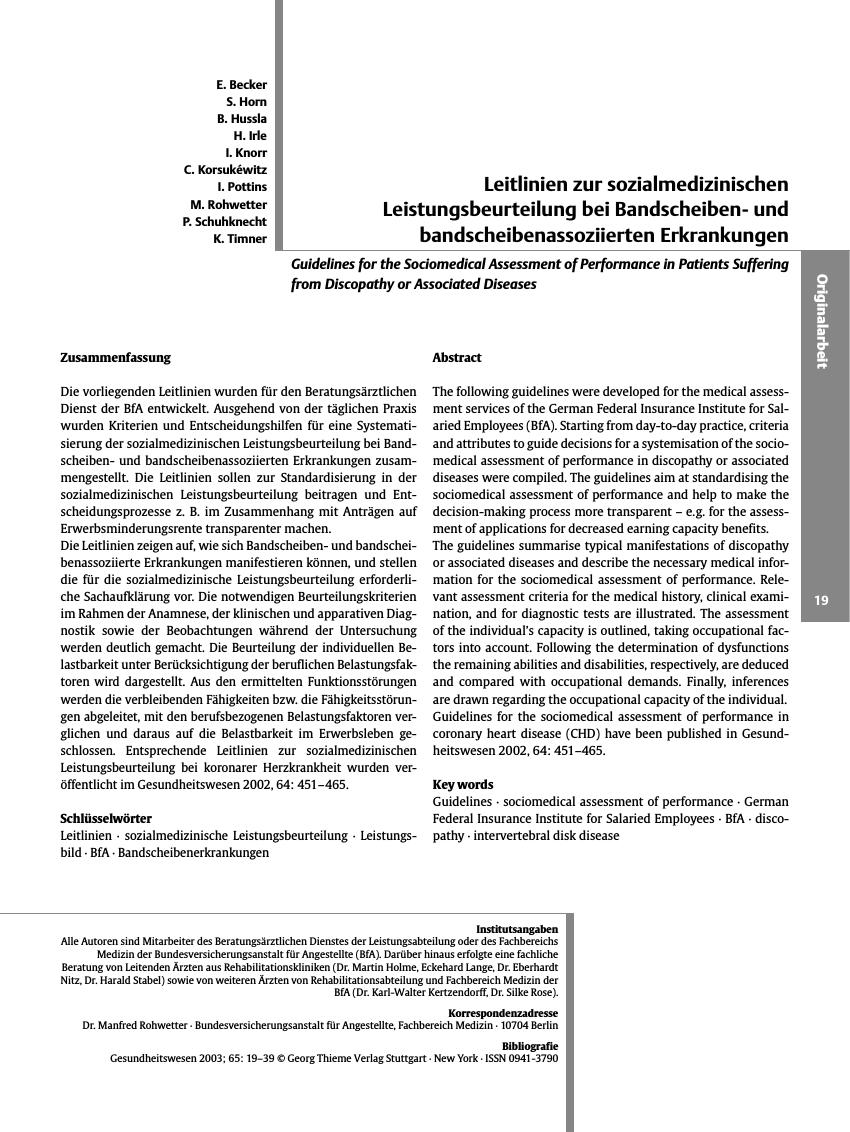 Vorschauseite 1: Leitlinien zur sozialmedizinischen Leistungsbeurteilung bei Bandscheibenund bandscheibenassoziierten Erkrankungen