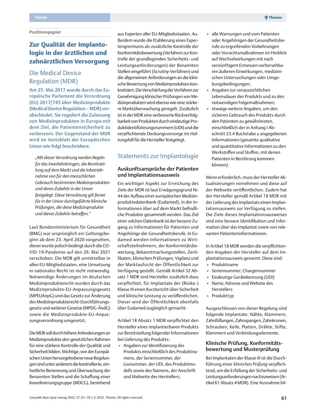 Vorschauseite 1: Positionspapier – Zur Qualität der Implantologie in der ärztlichen und zahnärztlichen Versorgung