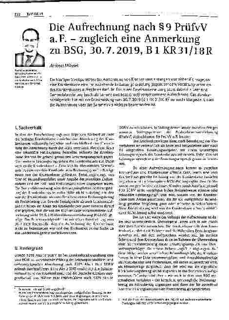 Vorschauseite 1: Die Aufrechnung nach § 9 PrüfvV a. F. - zugleich eine Anmerkung zuBSG, 30. 7. 2019, Bl KR31/18R