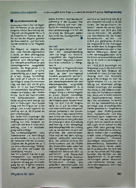 Vorschauseite 2: Zur Versicherungspflicht in einer Tätigkeit als nebenberufliche Lehrkraft für Pflegeberufe.