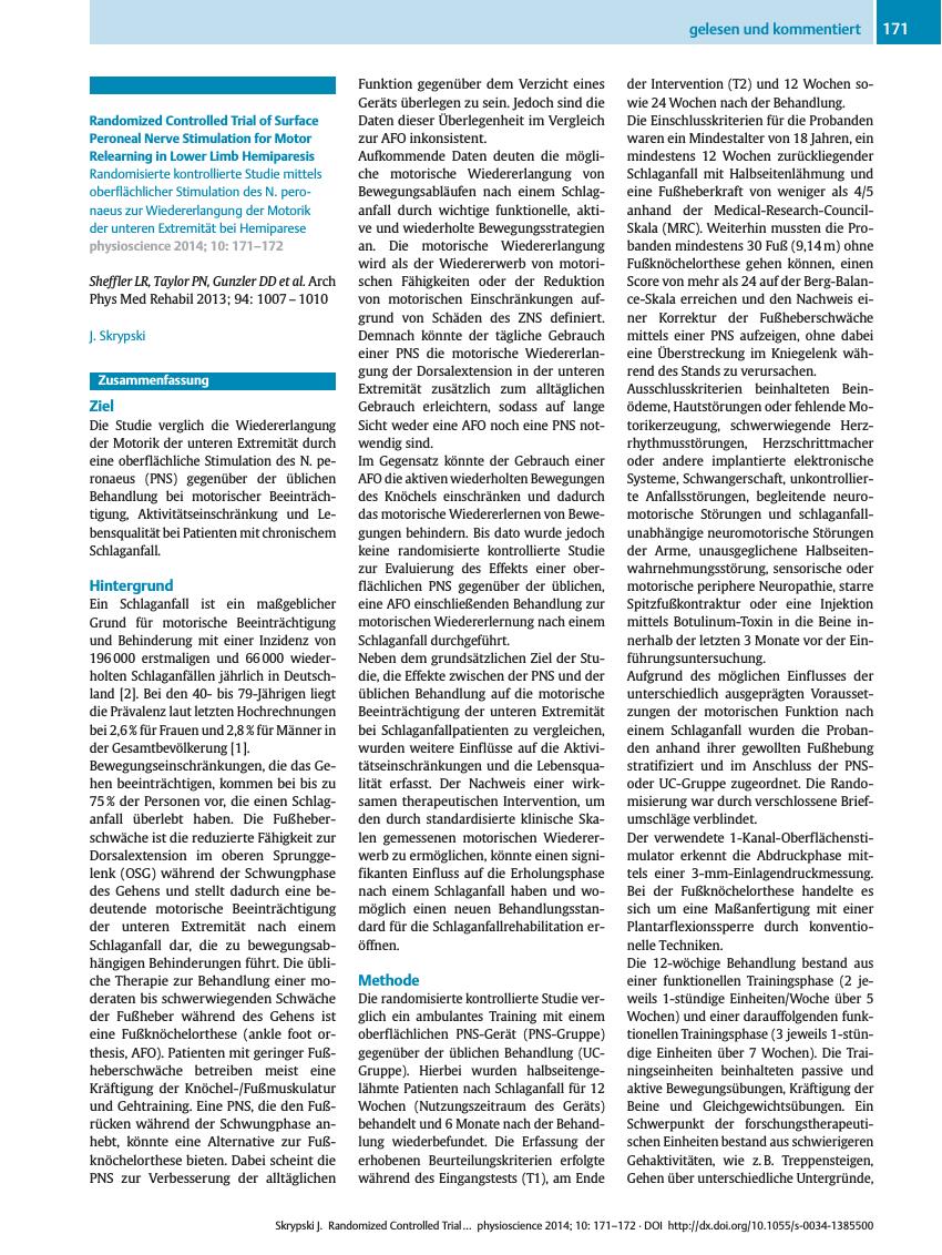 Vorschauseite 1: Randomized Controlled Trial of Surface Peroneal Nerve Stimulation for Motor Relearning in Lower Limb Hemiparesis