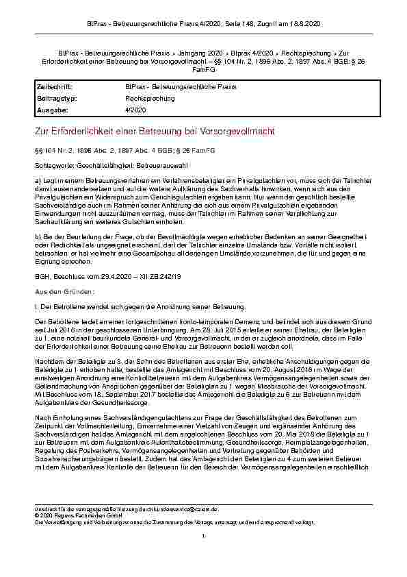 Vorschauseite 1: Zur Erforderlichkeit einer Betreuung bei Vorsorgevollmacht §§ 104 Nr. 2, 1896 Abs. 2, 1897 Abs. 4 BGB; § 26 FamFG
