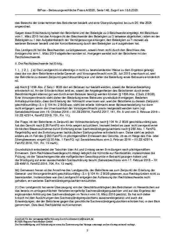 Vorschauseite 2: Zur Erforderlichkeit einer Betreuung bei Vorsorgevollmacht §§ 104 Nr. 2, 1896 Abs. 2, 1897 Abs. 4 BGB; § 26 FamFG