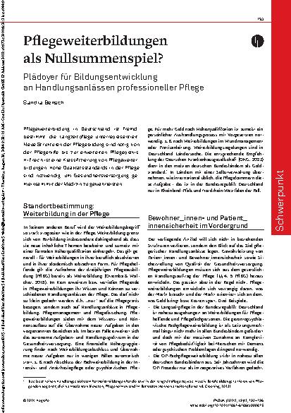 Vorschauseite 1: Pflegeweiterbildungen als Nullsummenspiel? Plädoyer für Bildungsentwicklung an Handlungsanlässen professioneller Pflege