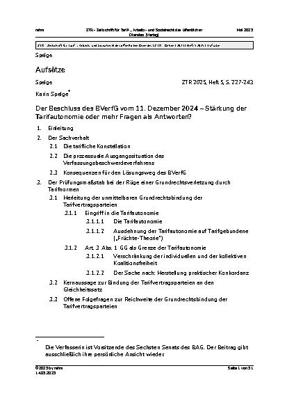 Vorschauseite 1: Der Beschluss des BVerfG vom 11. Dezember 2024 – Stärkung der Tarifautonomie oder mehr Fragen als Antworten?
